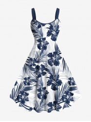Plus Size Tropical Leaf Hibiscus Flower Print Hawaii Tank Dress -  