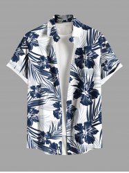 Plus Size Tropical Leaf Hibiscus Flower Print Buttons Pocket Hawaii Shirt For Men -  
