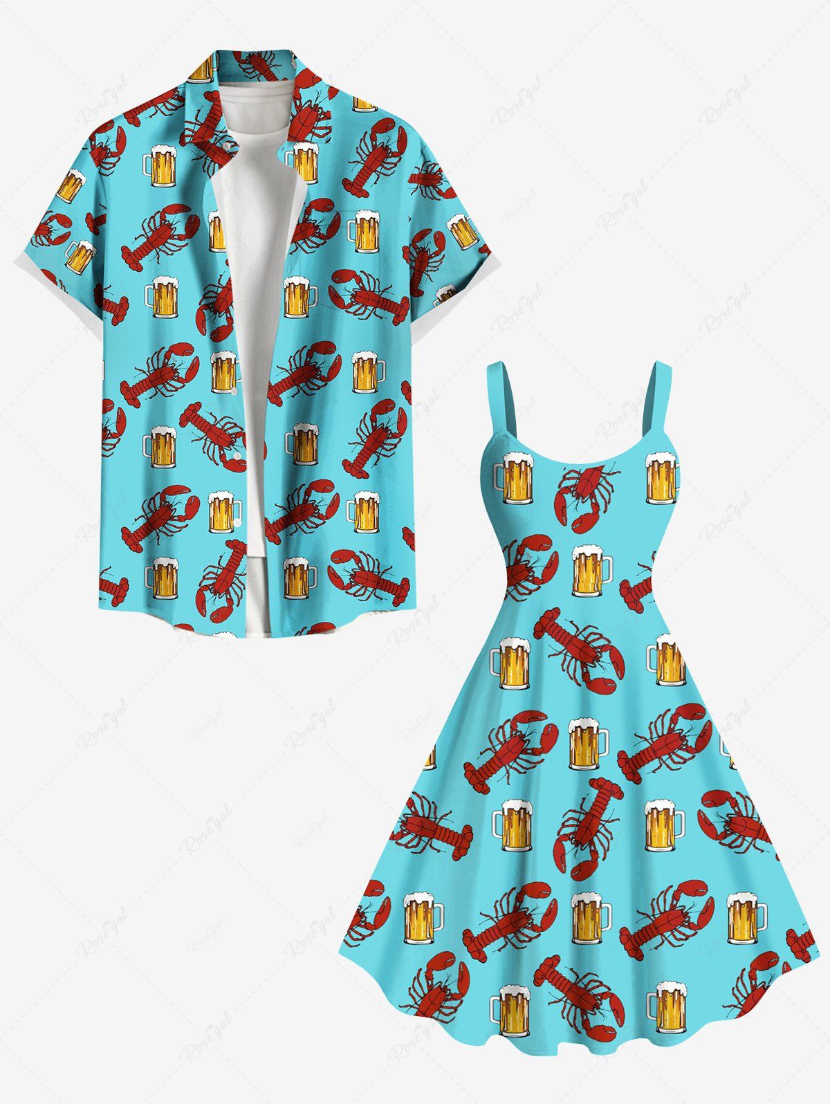 Beer Lobster Print Plus Size Matching Hawaii Beach Outfit For Couples
