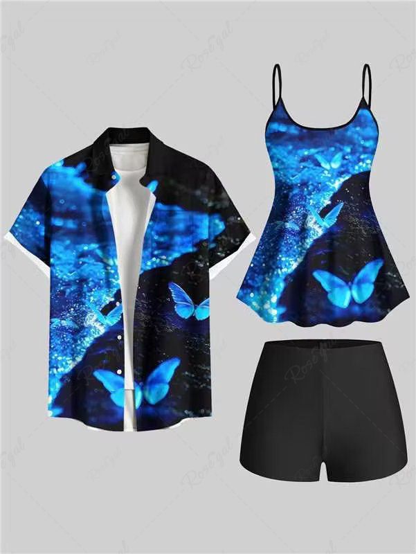 Outfits Glitter Butterfly Sea Print Shirt Swimsuit Plus Size Matching Hawaii Beach Outfit For Couples  