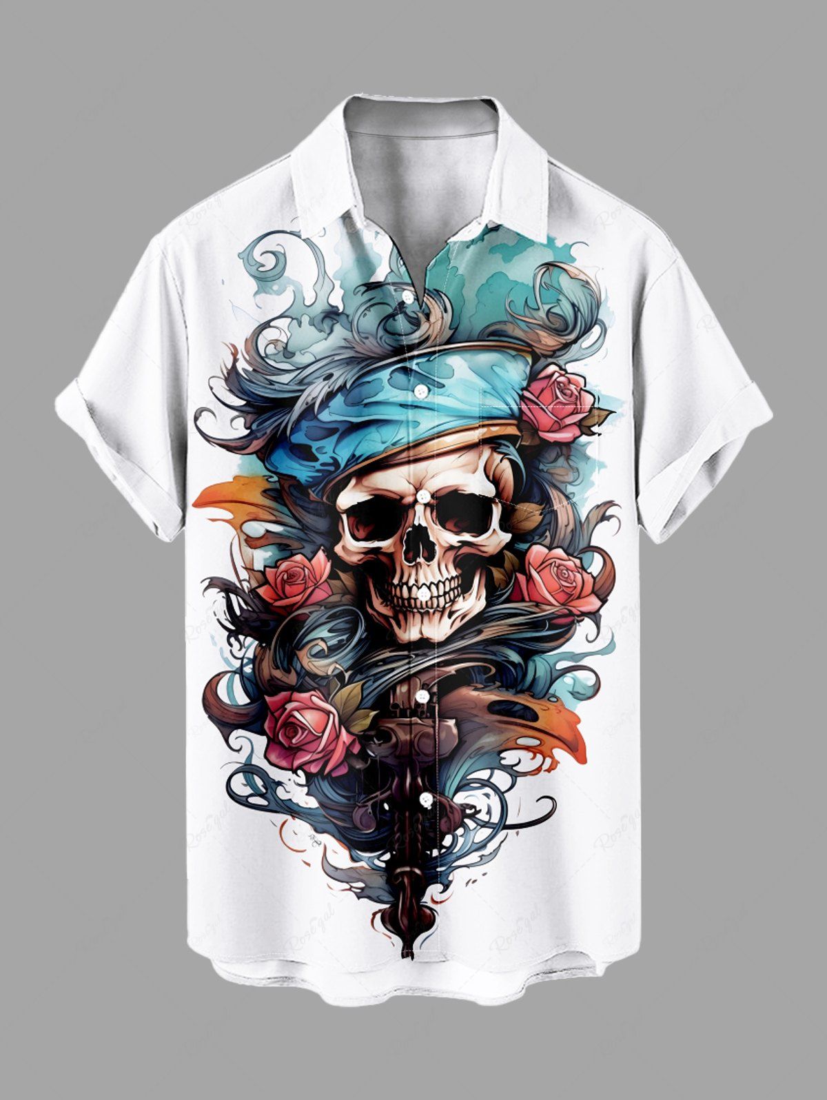 Outfits Plus Size Skull Rose Flower Sea Waves Pirate Print Hawaii Cruise Button Pocket Shirt For Men  