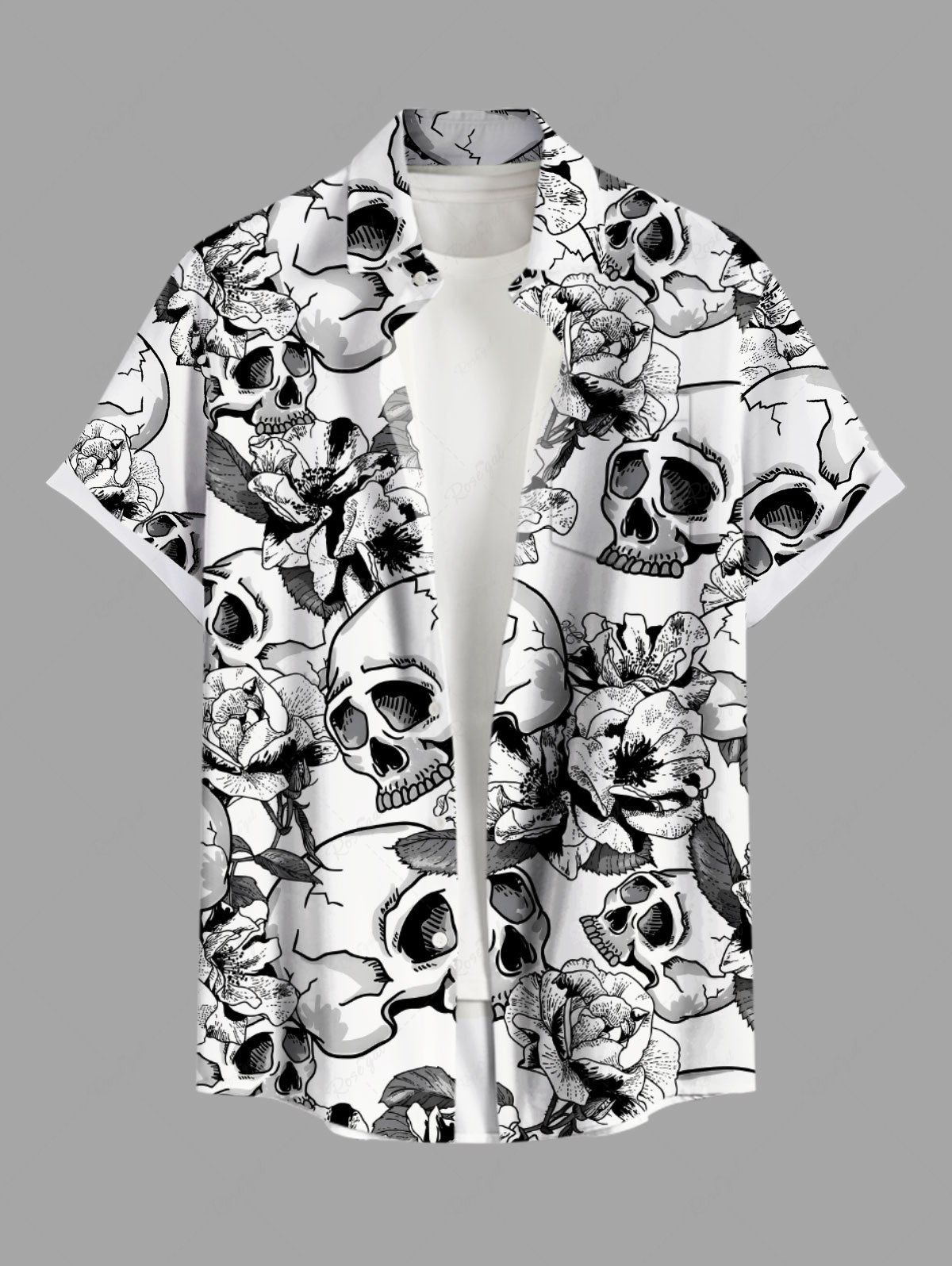 Shops Plus Size Skulls Flowers Print Buttons Pocket Hawaii Shirt For Men  
