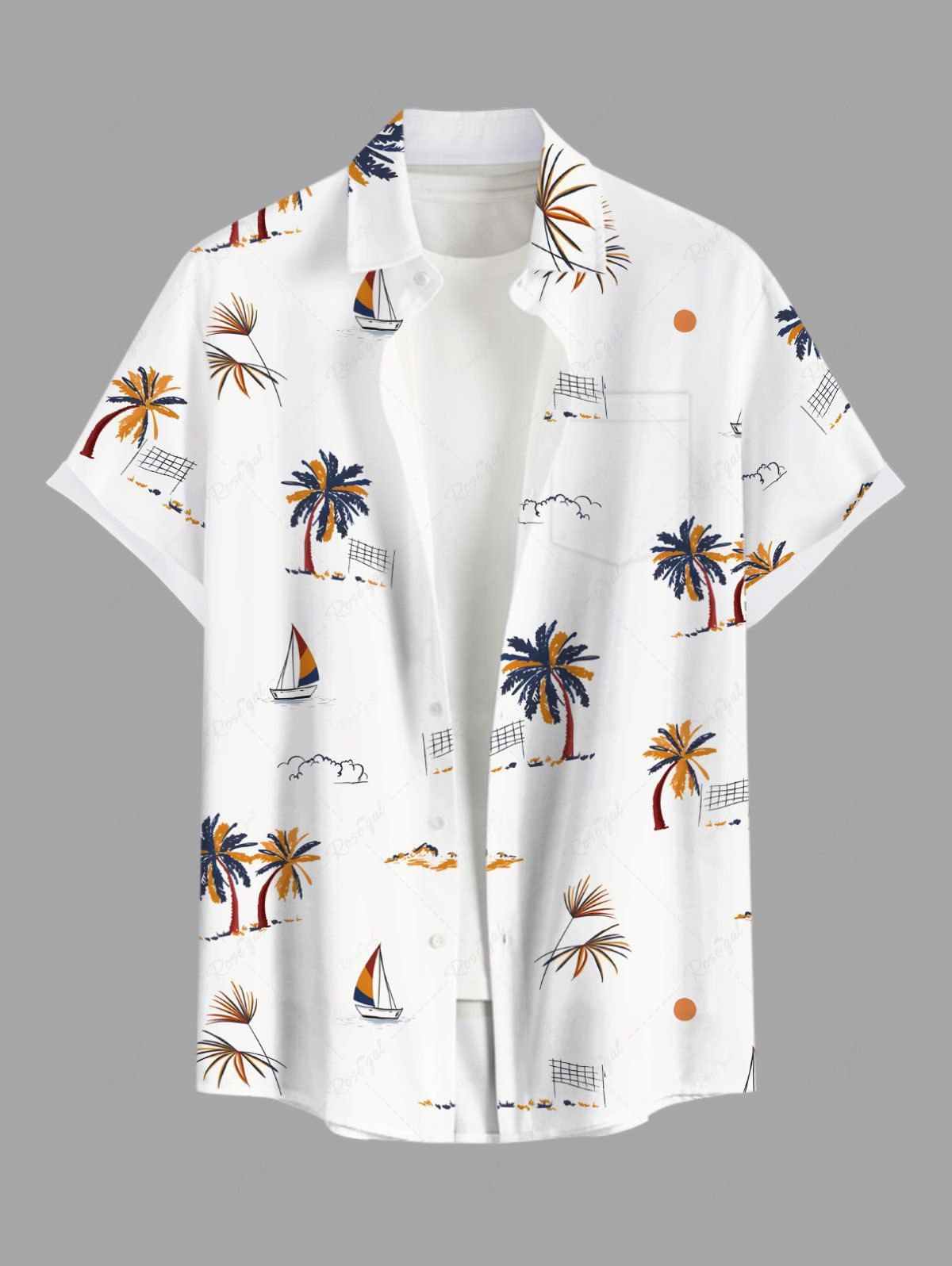 Online Plus Size Coconut Tree Sun Sailboat Print Buttons Pocket Hawaii Shirt For Men  