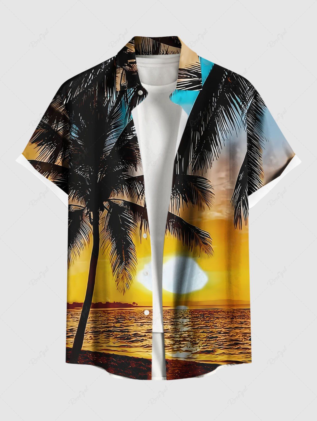 Fancy Plus Size Coconut Tree Sun Seascape Print Buttons Pocket Hawaii Shirt For Men  