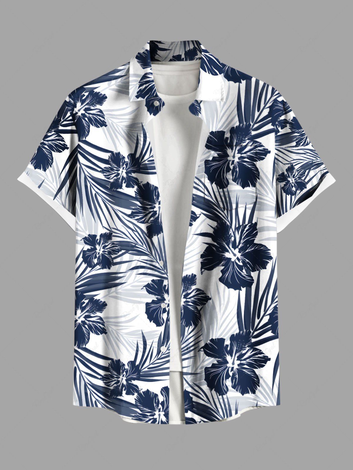 Store Plus Size Tropical Leaf Hibiscus Flower Print Buttons Pocket Hawaii Shirt For Men  
