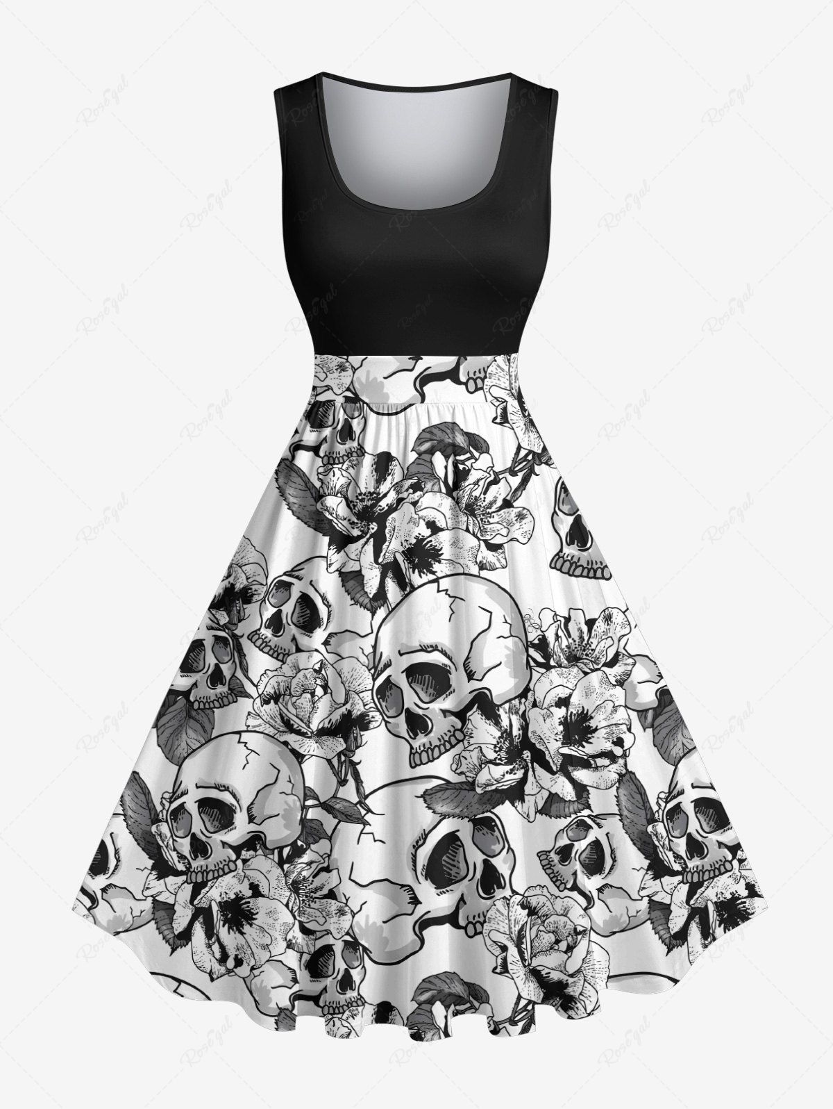Shops Plus Size Skulls Flowers Print 1950s Vintage Hawaii Dress  