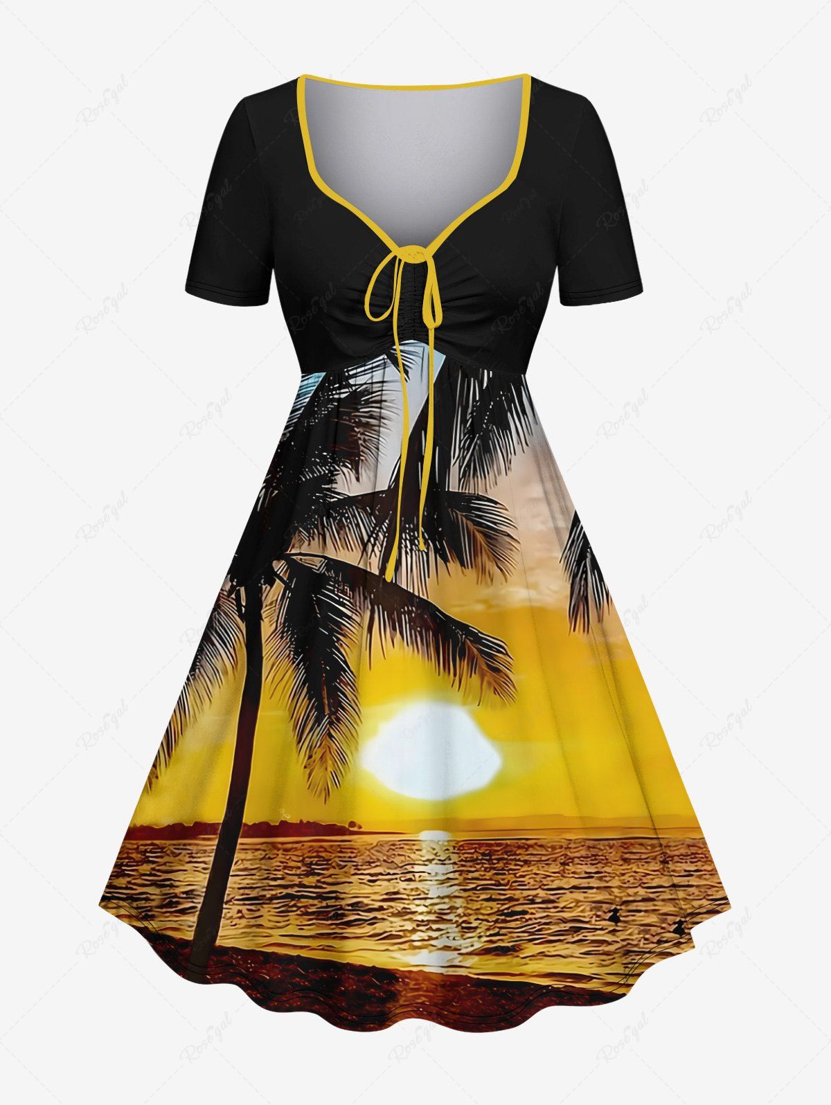 Affordable Plus Size Coconut Tree Sun Seascape Print Cinched Hawaii Dress  