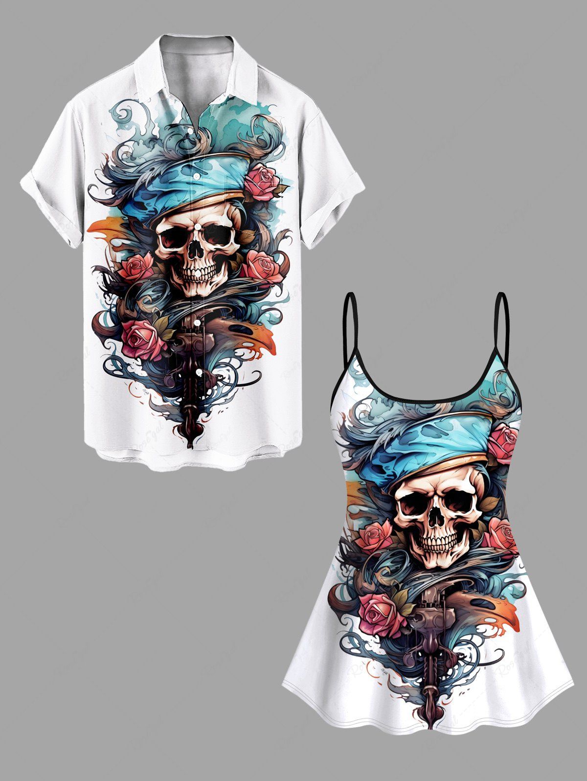 Maillot de Bain Grande Taille Imprimé Rose et Crâne Brûlant Blanc 