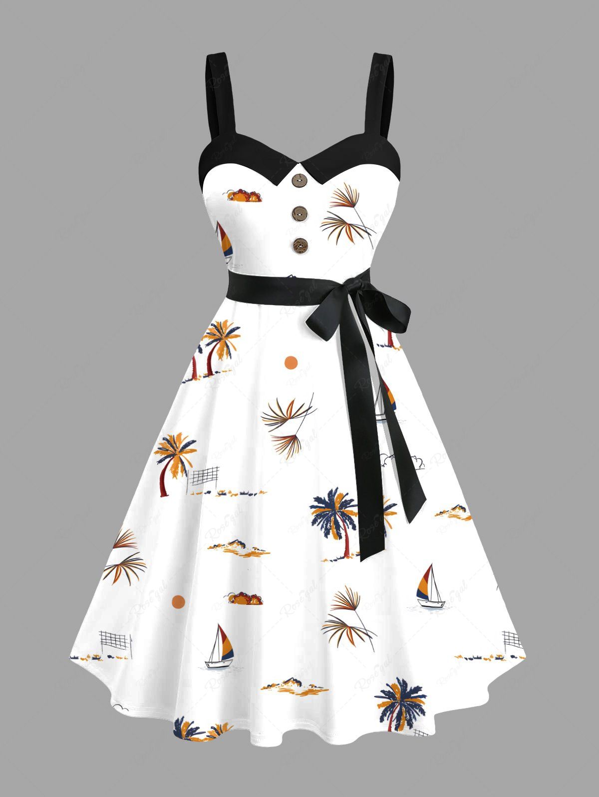 Fancy Plus Size Coconut Tree Sun Sailboat Print Buttons Turn Down Collar Hawaii Dress With A Belt  