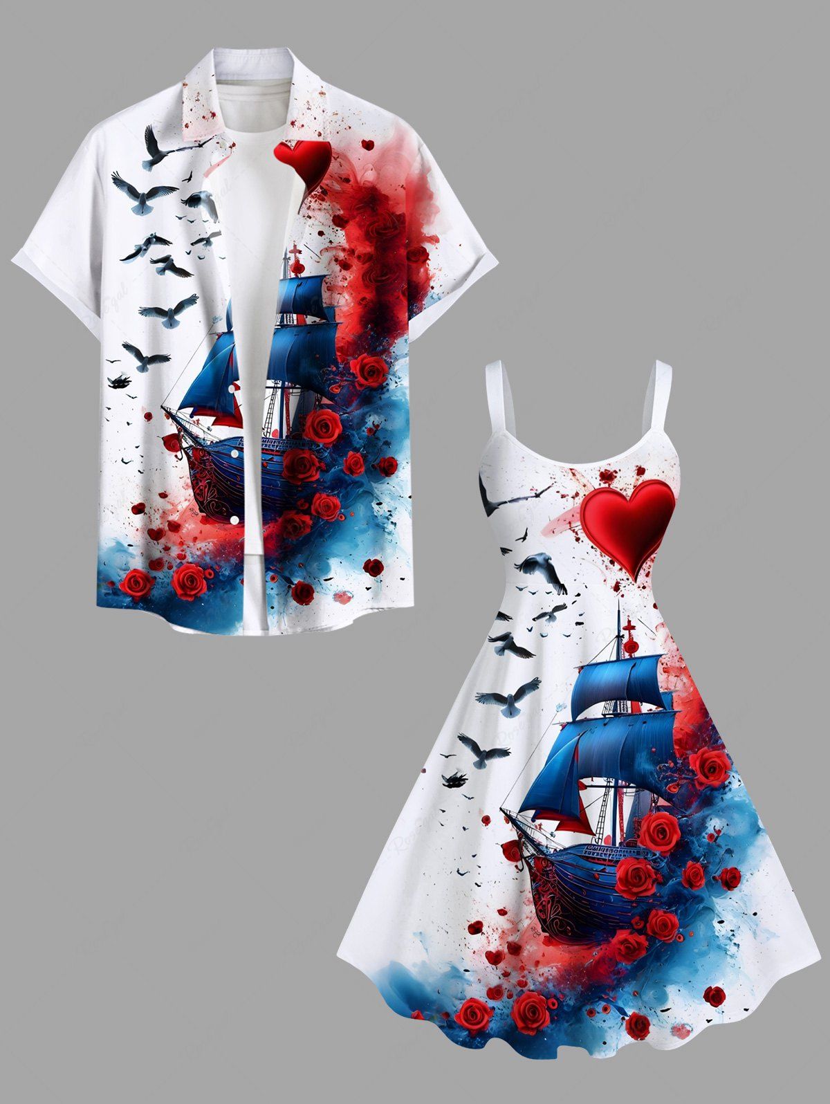 Robe Trapèze Halloween Rose Peintes à L'Encre Grande Taille pour Couples Blanc 