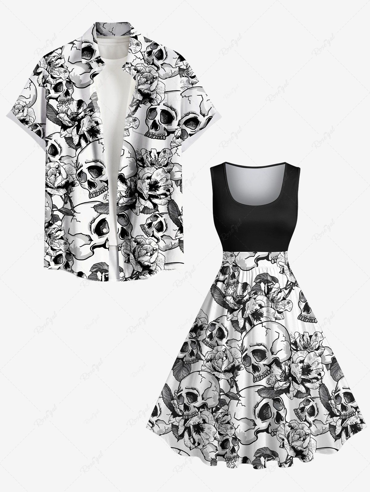 Hot Skulls Flowers Print Plus Size Matching Hawaii Beach Outfit For Couples  