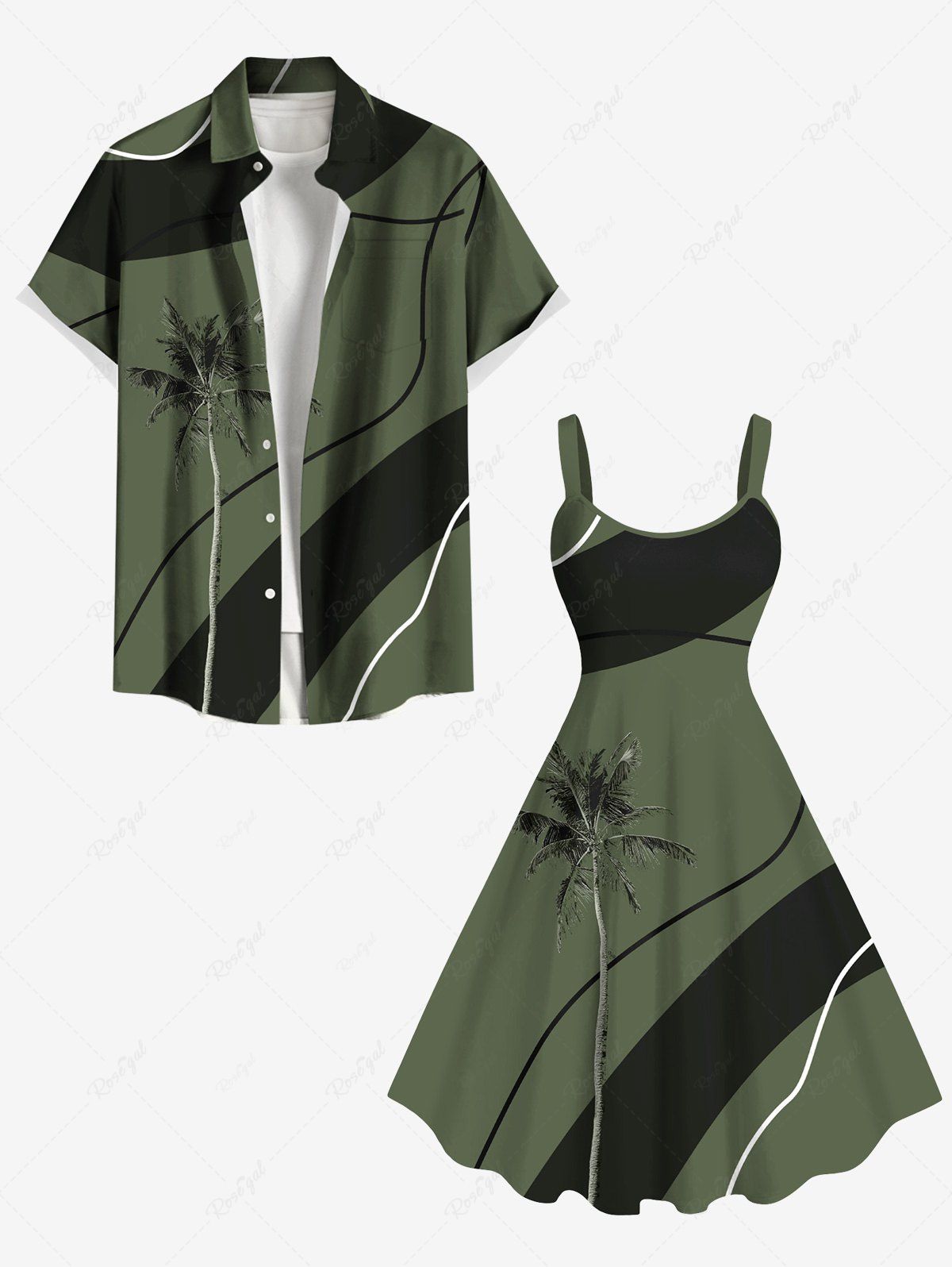Tenue de Plage Grande Taille Mignon Contrastant Imprimé Cocotier pour la Plage Vert profond 