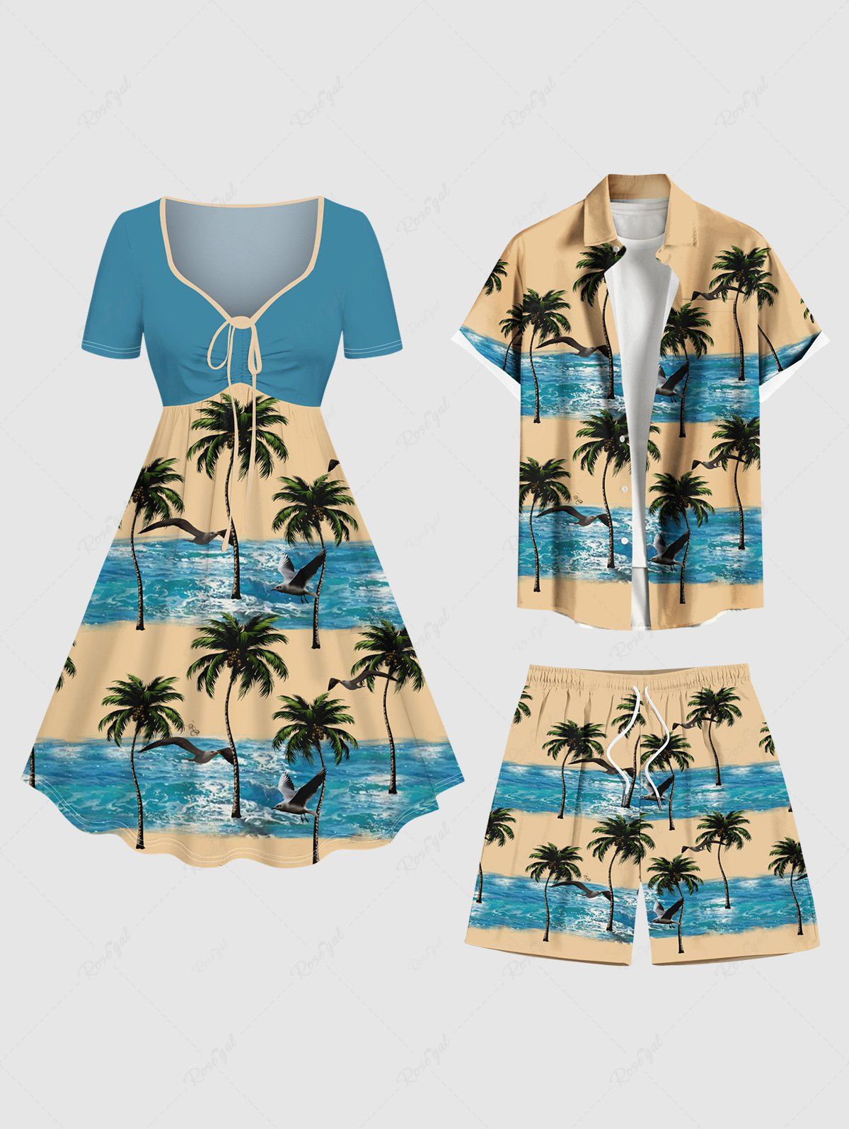 Sale Coconut Tree Sea Waves Bird Print Plus Size Matching Hawaii Beach Outfit For Couples  
