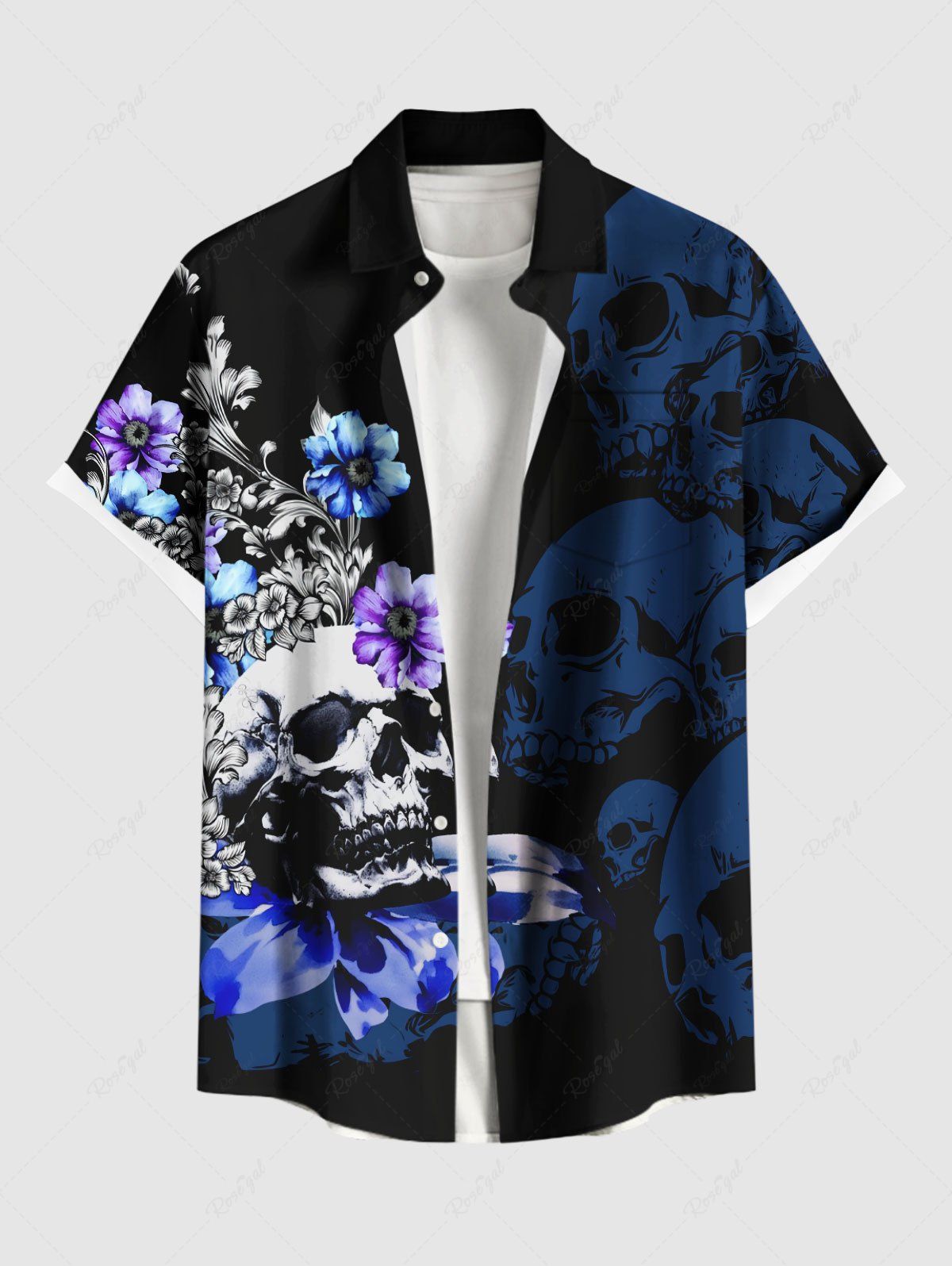 Outfit Plus Size Ombre Skull Flower Branch Print Hawaii Button Pocket Shirt For Men  