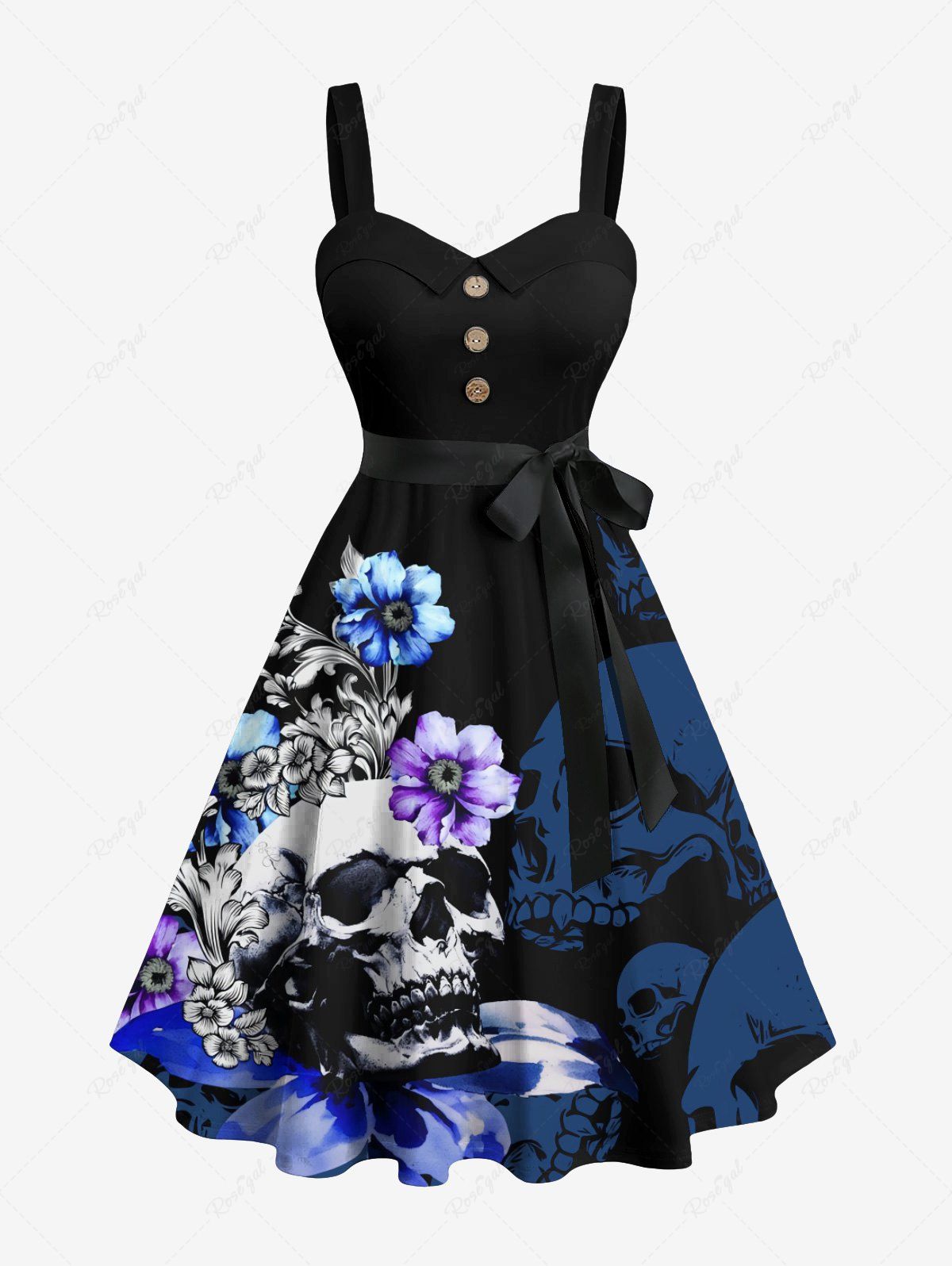 Fashion Plus Size Ombre Skull Flower Branch Print Hawaii Button Turn-down A Line Tank Dress with Removable Belt  