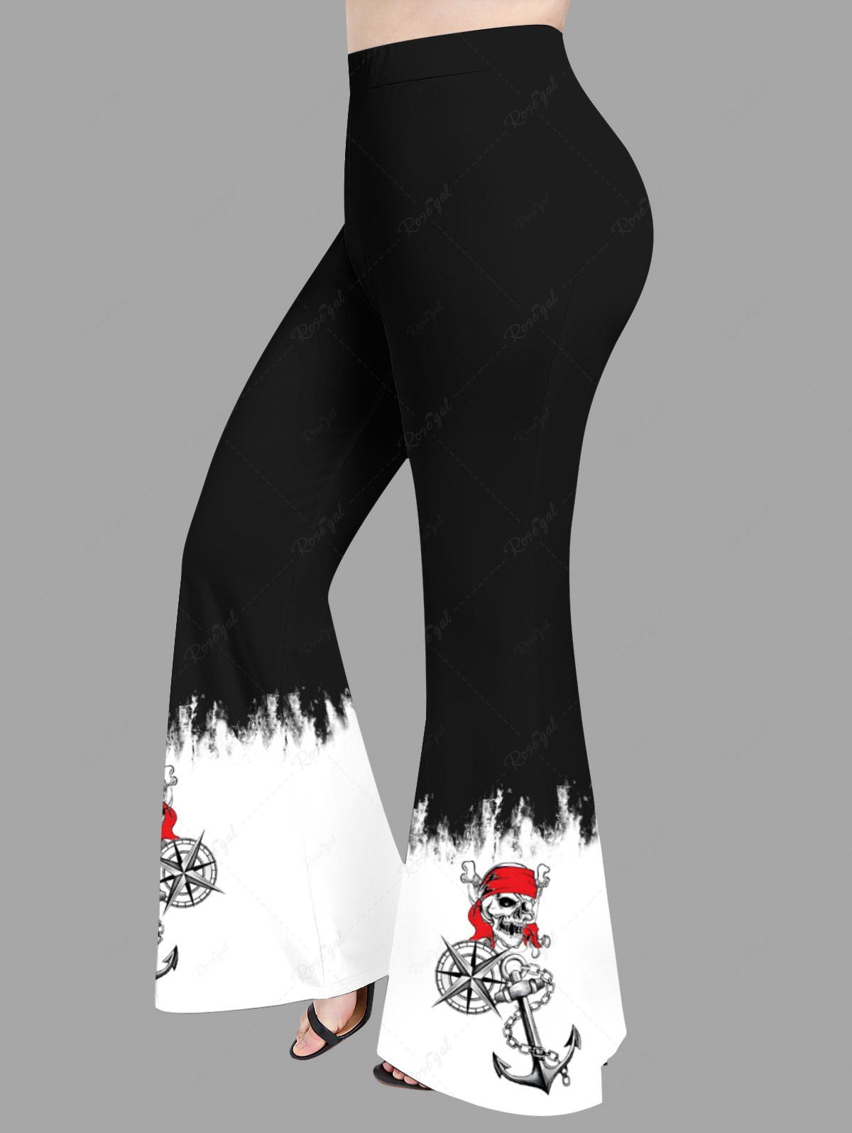 Pantalon Évasé Imprimé Crâne de Pirate avec Chaîne Grande Taille Noir 6X