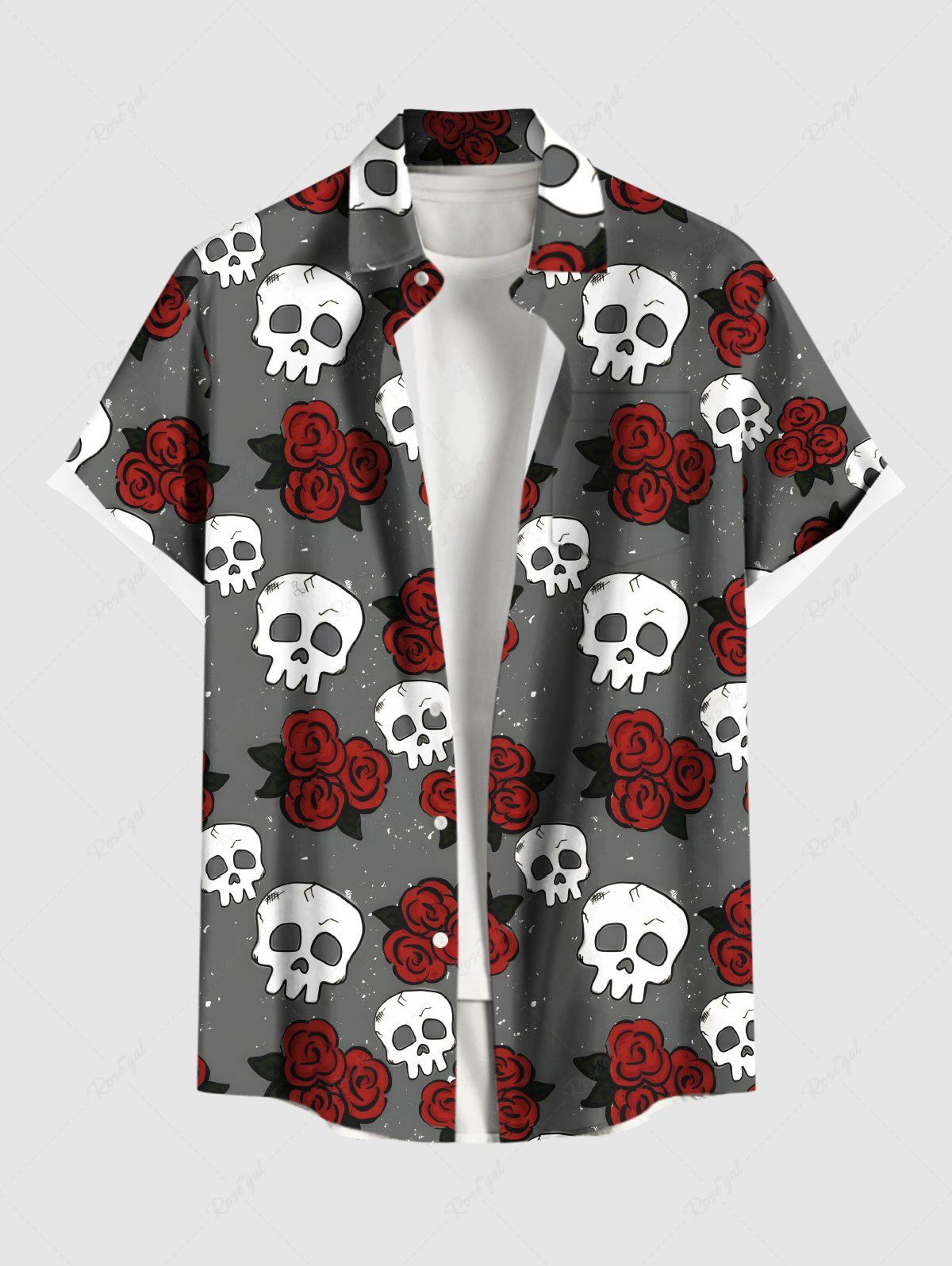 Affordable Plus Size Skull Rose Flower Galaxy Print Hawaii Button Pocket Shirt For Men  