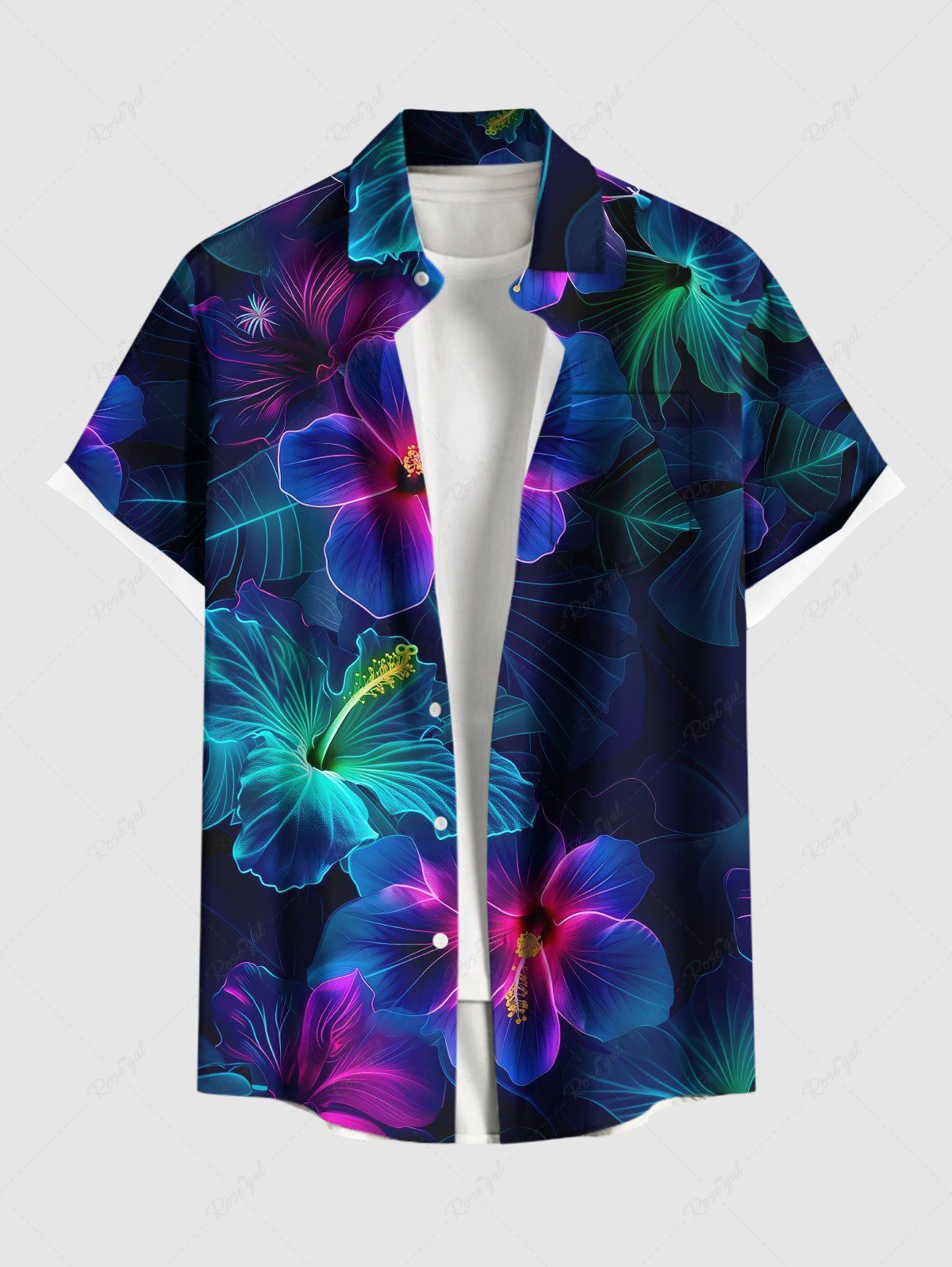 Best Plus Size Glitter Ombre Floral Tropical Leaves Print Hawaii Button Pocket Shirt For Men  