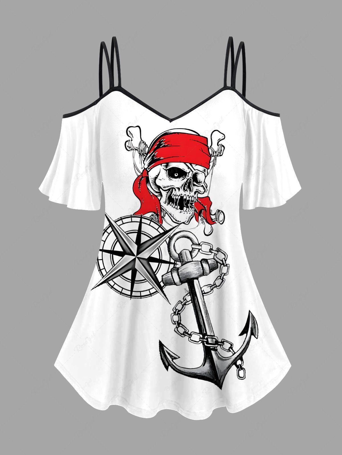Shops Plus Size Skull Pirate Anchor Chain Steering Wheel Print Hawaii Cruise Cold Shoulder T-shirt  