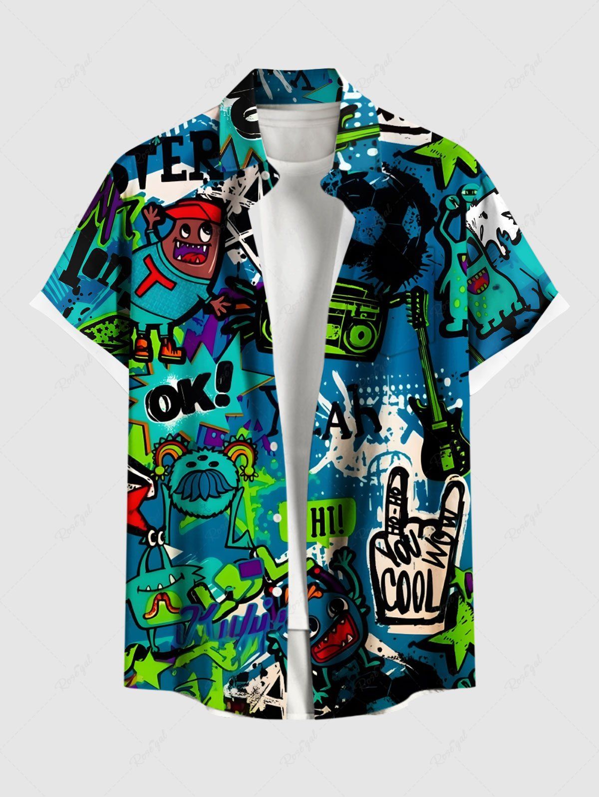 Hot Plus Size Cartoon Monster Tape Star Letters Graffiti Print Hawaii Button Pocket Shirt For Men  