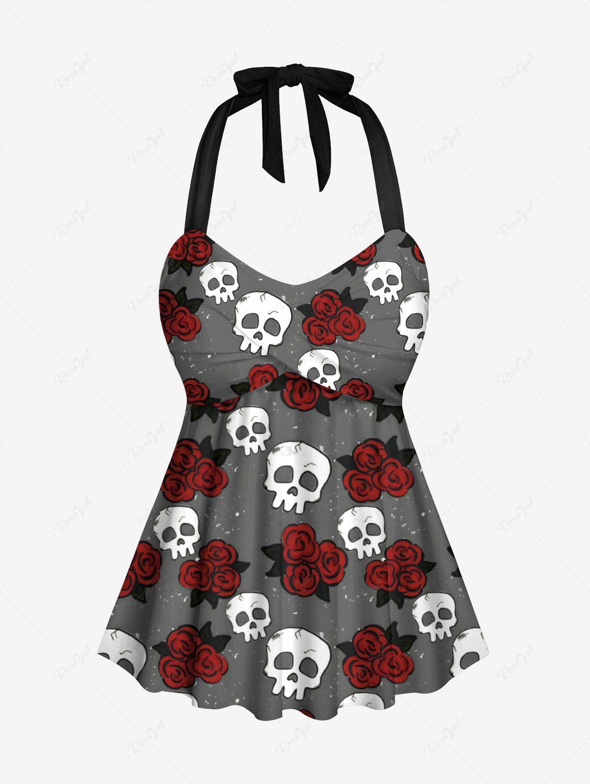 Shop Plus Size Skull Rose Flower Galaxy Print Hawaii Twist Halter Backless Tankini Top  