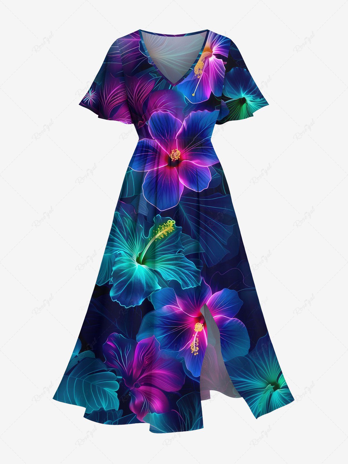 Unique Plus Size Glitter Ombre Floral Tropical Leaves Print Hawaii Split Pocket A Line Midi Dress  