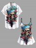 Plus Size Skull Rose Flower Sea Waves Pirate Print Hawaii Cruise Button Pocket Shirt For Men -  