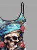 Skull Rose Flower Sea Waves Pirate Print Hawaii Cruise Tankini Top(Adjustable Shoulder Strap) -  