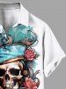Plus Size Skull Rose Flower Sea Waves Pirate Print Hawaii Cruise Button Pocket Shirt For Men -  