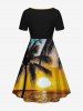 Plus Size Coconut Tree Sun Seascape Print Cinched Hawaii Dress -  