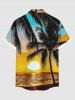 Plus Size Coconut Tree Sun Seascape Print Buttons Pocket Hawaii Shirt For Men -  