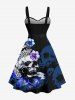 Plus Size Ombre Skull Flower Branch Print Hawaii Button Turn-down A Line Tank Dress with Removable Belt -  