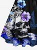 Plus Size Ombre Skull Flower Branch Print Hawaii Button Turn-down A Line Tank Dress with Removable Belt -  