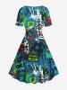 Plus Size Cartoon Monster Tape Star Letters Graffiti Print Hawaii Vintage A Line Dress -  