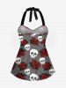 Plus Size Skull Rose Flower Galaxy Print Hawaii Twist Halter Backless Tankini Top -  