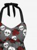 Plus Size Skull Rose Flower Galaxy Print Hawaii Twist Halter Backless Tankini Top -  