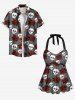 Plus Size Skull Rose Flower Galaxy Print Hawaii Twist Halter Backless Tankini Top -  