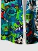 Plus Size Cartoon Monster Tape Star Letters Graffiti Print Hawaii Button Pocket Shirt For Men -  