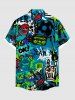 Plus Size Cartoon Monster Tape Star Letters Graffiti Print Hawaii Button Pocket Shirt For Men -  