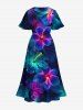Plus Size Glitter Ombre Floral Tropical Leaves Print Hawaii Split Pocket A Line Midi Dress -  