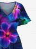 Plus Size Glitter Ombre Floral Tropical Leaves Print Hawaii Split Pocket A Line Midi Dress -  
