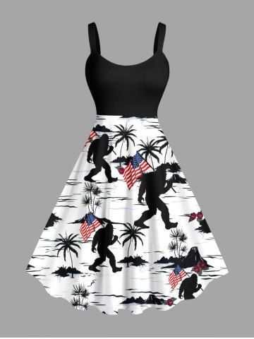 Plus Size Patriotic American Flag Coconut Tree Gorillas Print Tank Dress - WHITE - 3X