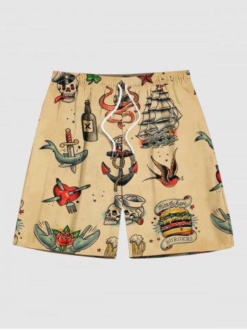 Plus Size Hamburger Skull Fish Anchor Sailboat Heart Print Hawaii Beach Shorts For Men - LIGHT COFFEE - L