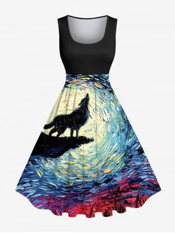 Plus Size Oil Painting Wolf Moon Swirls Print 1950s Vintage Hawaii Dress - BLACK - M