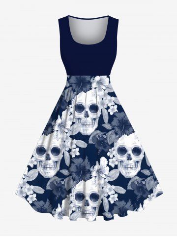 Plus Size Skulls Hibiscus Flower Leaf Print Hawaii 1950s Vintage Dress - MIDNIGHT BLUE - 2X