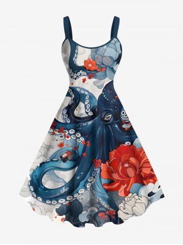 Plus Size Octopus Flower Cloud Print Hawaii A Line Tank Dress - BLUE - 3X