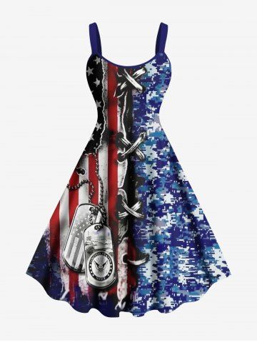Plus Size 3D Lace Up Patriotic American Flag Camouflage Chain Print A Line Tank Dress - BLUE - L