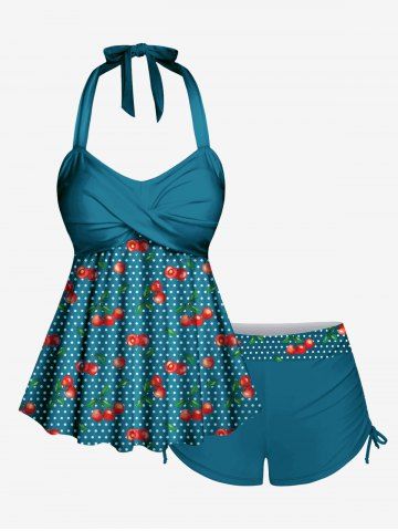 1950s Retro Cherry Dots Print Halter Ruched Cinched Boyleg Tankini Swimsuit - DEEP GREEN - 2X