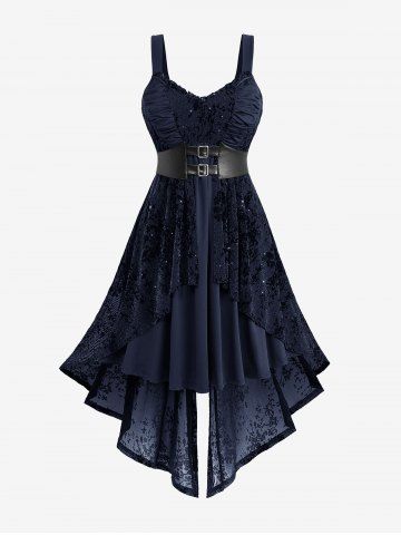 Gothic Plus Size Glitter Floral Flocking Ruched PU Panel Belted Split Layered High Low Asymmetric A Line Tank Dress - DEEP BLUE - 3X | US 22-24