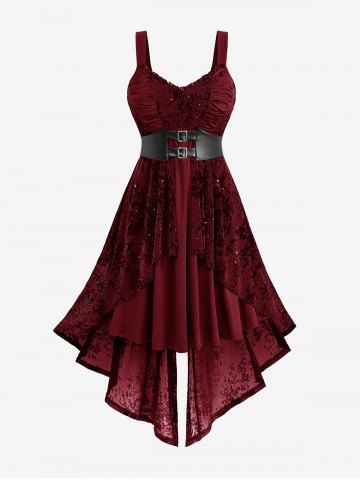 Gothic Plus Size Glitter Floral Flocking Ruched PU Panel Belted Split Layered High Low Asymmetric A Line Tank Dress - DEEP RED - 1X | US 14-16